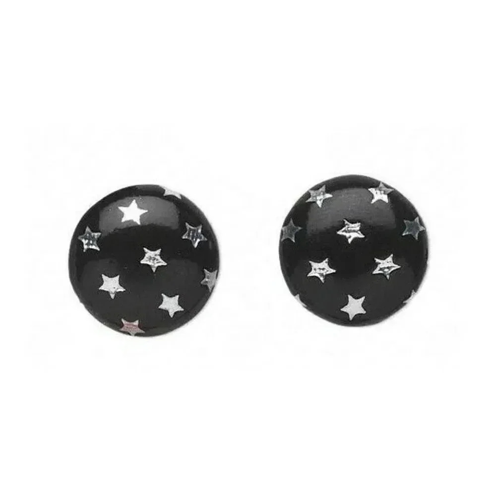 Vegan Faux Leather Round 15mm Button Post Earrings Black w Silver Metallic Stars